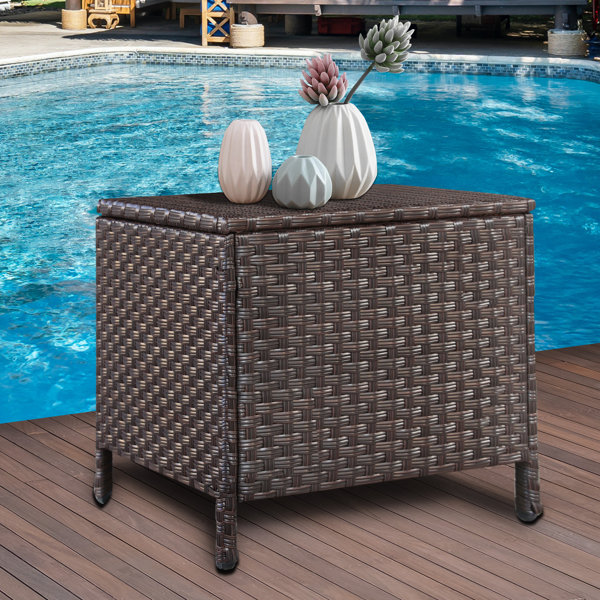 Ebern Designs Outdoor Wicker Side Table Patio Coffee Table with Storage